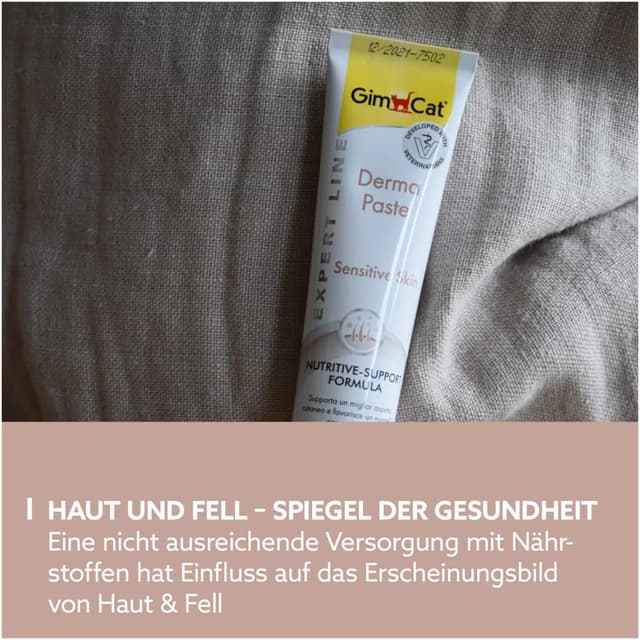 Detalle de GimCat EXPERT LINE Derma Paste (50 g) – funktionaler Katzensnack für verbessertes Hautbild und gesundes Fell