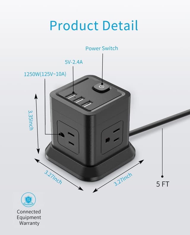 Thumbnail 6 de FDTEK Flat Plug Power Strip with USB (4 AC + 3 USB), 5 ft Cube Extension Cord, Overload Protection, Black
