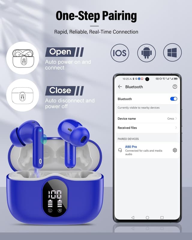 Detalle 2 de Btootos Wireless Earbuds (Bluetooth 5.4) with 4-Mic ENC, Noise Cancelling Bass & LED Display, Blue