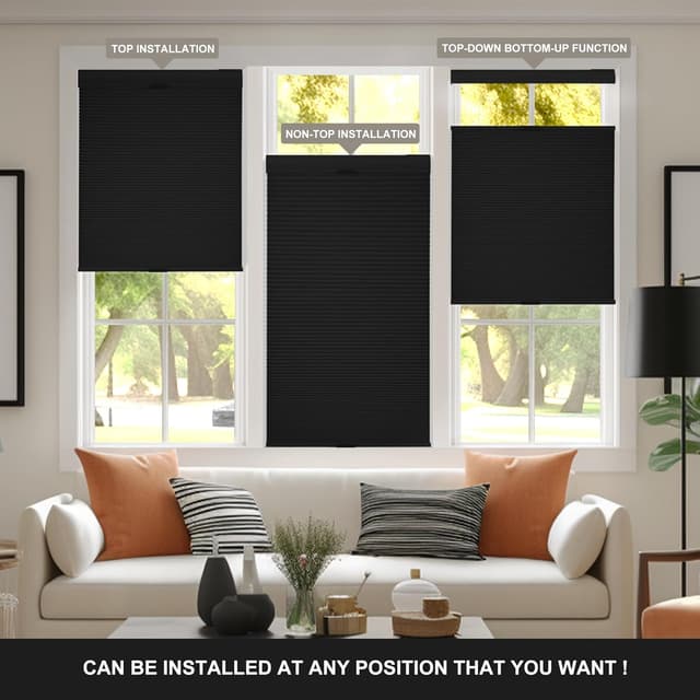 Detalle de Boolegon No Drill No Tools Cellular Shades (Top Down Bottom Up) — Blackout Cordless Honeycomb Blinds, 34" x 64