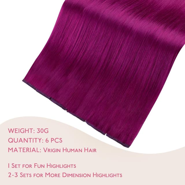 Detalle 2 de WENNALIFE Violett Clip-in Extensions Echthaar (50 cm, 6 Stück/30 g) – Remy-Haar mit Clip-Technik