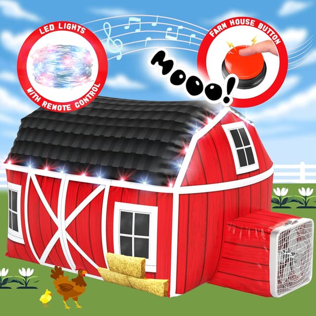 Detalle de W&O Farmhouse Barn Inflatable Play Tent with LED Lights, Farm Sound Button & Fan Setup (Fan Not Included)