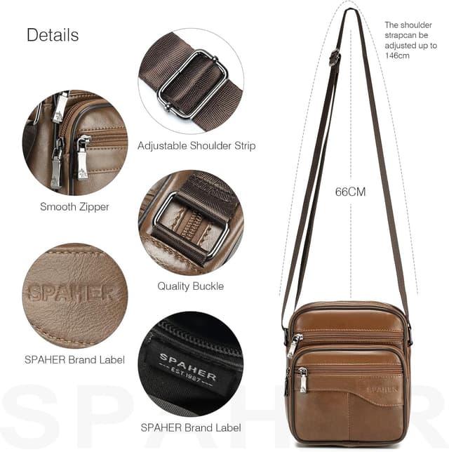 Detalle de SPAHER sacoche homme cuir véritable avec bandoulière réglable (petit sac porté épaule / porté travers)