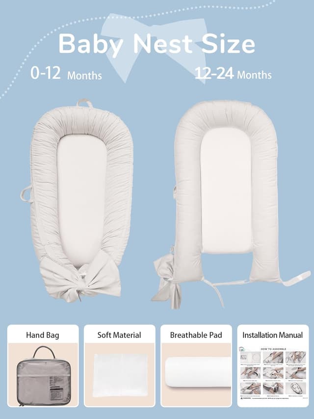 Detalle de EAQ Baby Nest Pod for Newborn (0–12 Months) – Soft, breathable travel & sleep pod in White