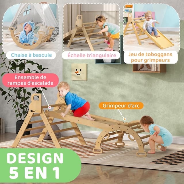 Detalle de AIYAPLAY Triangle d’escalade enfants 5 en 1 (triangle, arche basculante, rampe réversible, toboggan, bascule) jusqu’à 50 kg