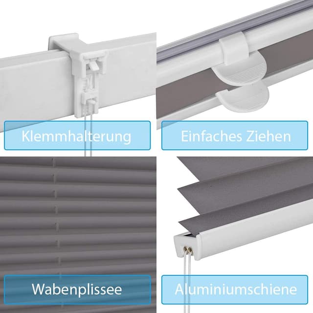 Detalle de Sekey Plissee ohne Bohren „Klemmfix“ – Verdunkelung für Fenster, 70 cm breit, Dunkelgrau