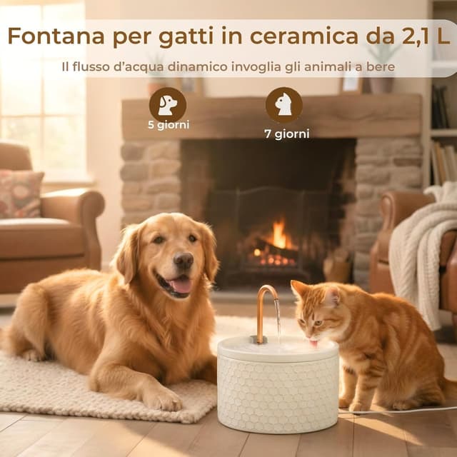 Detalle de Fontaine à eau pour chat MISFANS en céramique 2,1 L avec filtration triple et bec en cuivre