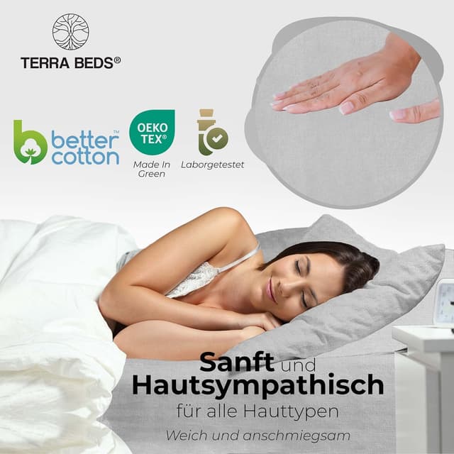 Detalle 2 de Terra Beds Premium Spannbettlaken aus Baumwoll-Jersey in 90x200 bis 100x200 cm, 10 Farben