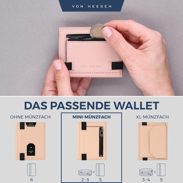 Detalle 2 de VON HEESEN Slim Wallet mit Münzfach & RFID-Schutz – Leder-Geldbeutel im Kartenformat