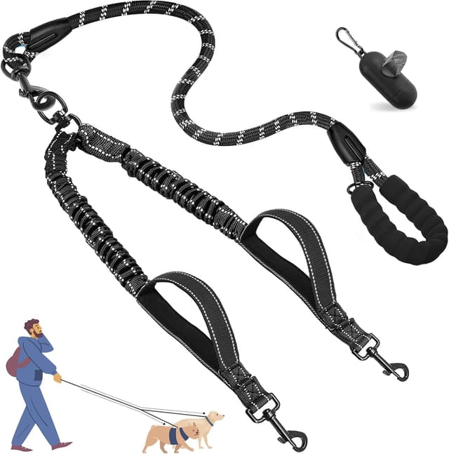 Detalle de Blanlody Double Dog Lead for Walking 2 Dogs — No-tangle bungee split lead with reflective design and padded handles