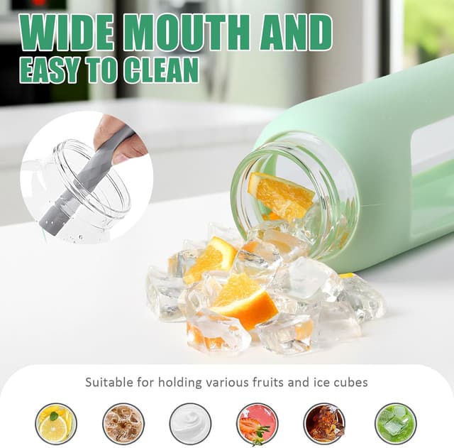 Detalle de BLUEGO Glas-Wasserflasche 600 ml mit 2 Deckeln & Zeit-Skala (Borosilikat, BPA-frei) – hellblau