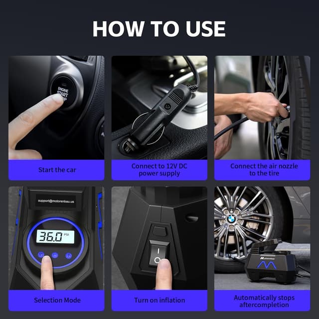 Detalle de Motorenbau Gonfleur de pneus portable 12 V avec manomètre numérique et LED (jusqu’à 150 PSI)