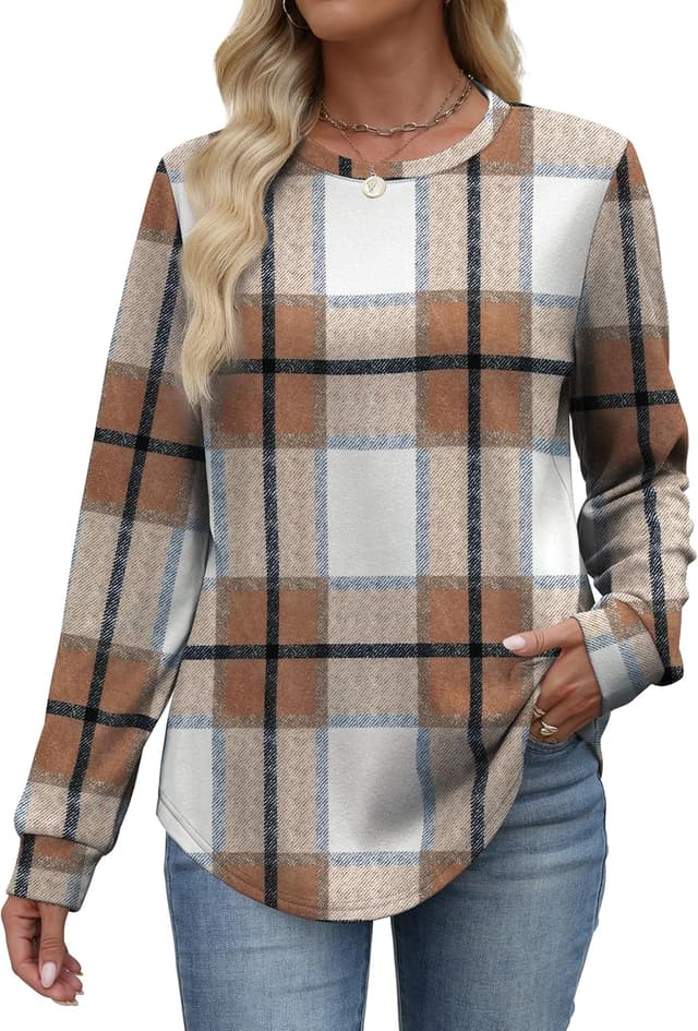 Detalle 2 de WIHOLL women’s curved hem crewneck long sleeve sweatshirt jumper tops (lightweight)