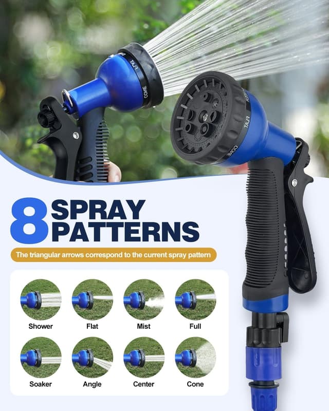 Detalle de Zenmos 100FT Expandable Garden Hose Pipe with 8-Pattern Spray Nozzle (3/4" & 1/2" fittings) – Blue