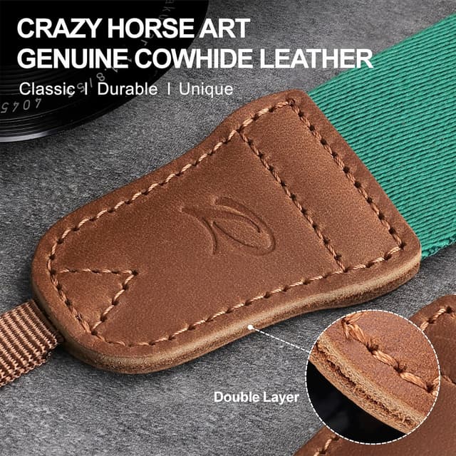 Detalle 2 de Padwa Lifestyle Green Double Layer Crazy Horse Cowhide Camera Strap (1.5" cotton woven) – Adjustable for DSLR & mirrorless