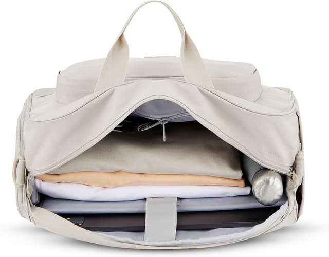 Detalle de LARKSON Finja Medium Weekender da viaggio beige (Donna e Uomo) con scomparto scarpe e PET riciclato