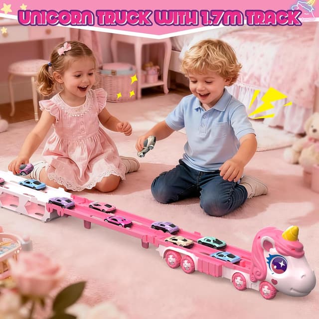 Detalle de maysida Unicorn Transport Truck with 6 Race Cars (Portable, Foldable) for Age 3–9