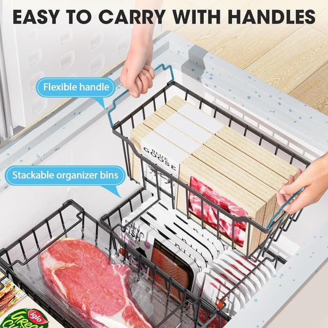 Detalle de SUNALLY Freezer Organizer Bins (4-Pack) — Stackable Chest Freezer Storage Baskets with Handles, Black