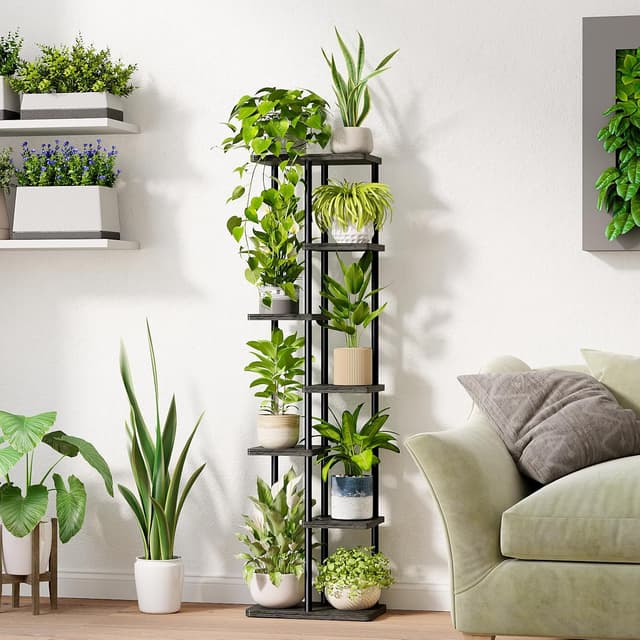 Detalle de Bamworld Porta Piante verticale per balcone e interni in metallo e legno, nero, 7 ripiani