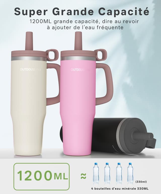 Detalle 2 de Mug Isotherme Isotherme avec paille et poignée 1200 ml, couvercle étanche (beige)