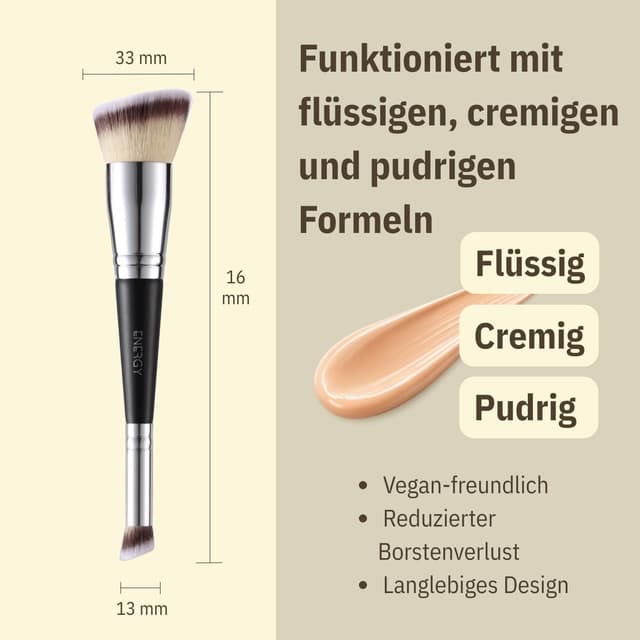 Detalle de ENERGY doppelseitiger Foundation- & Concealerpinsel 2-in-1 mit abgeschrägten, dichten veganen Synthetikborsten