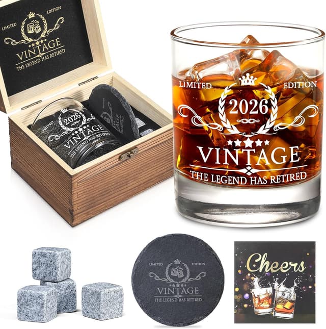 Detalle de Retirement Gift for Men Whiskey Glass Set (2026 The Legend Has Retired) — Wooden Box, Slate Coaster, Granite Stones