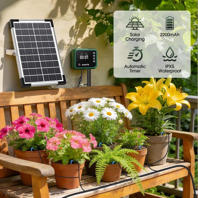 Detalle 2 de AnseTo Arrosage goutte à goutte solaire 8 W avec minuterie – kit d’irrigation 35 m et 30 goutteurs