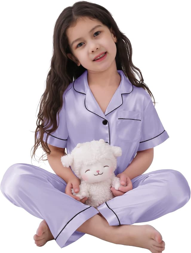 Detalle de SWOMOG Kid's Silk Pyjamas 3PCS satin set (short-sleeve top + shorts + long pants), ages 4–16