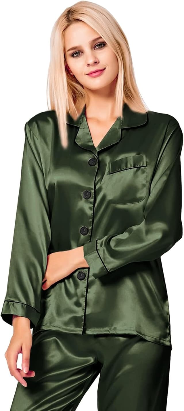 Detalle de SWOMOG Satin Damen-Schlafanzug mit Knopfleiste, Langarm-2-teiliges Pyjama-Set