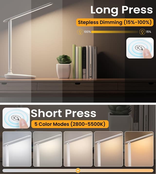 Detalle 2 de Schreibtischlampe mit dimmbaren LED, 5 Farbmodi (2800–6000K) & USB-Ladung – Touch, Timer, für Kinder & Büro