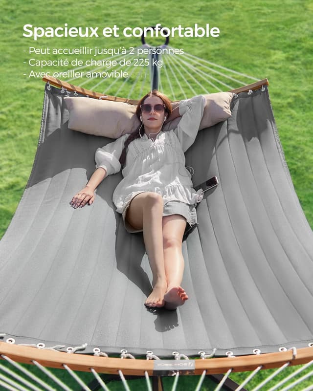 Detalle de Hamac double SONGMICS GDC34CG matelassé 200 x 140 cm, barres incurvées démontables en bambou