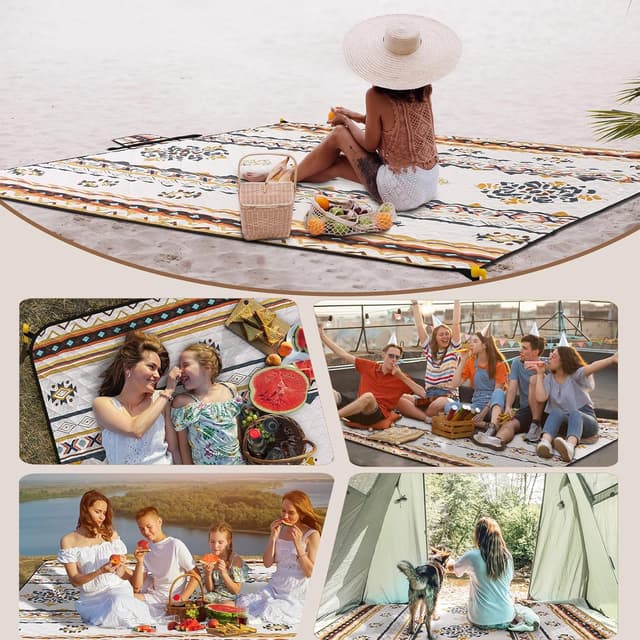 Detalle de Aptliton Waterproof Picnic Blanket 200 x 300 cm with 4 Stakes (Bohemian) – foldable outdoor picnic mat