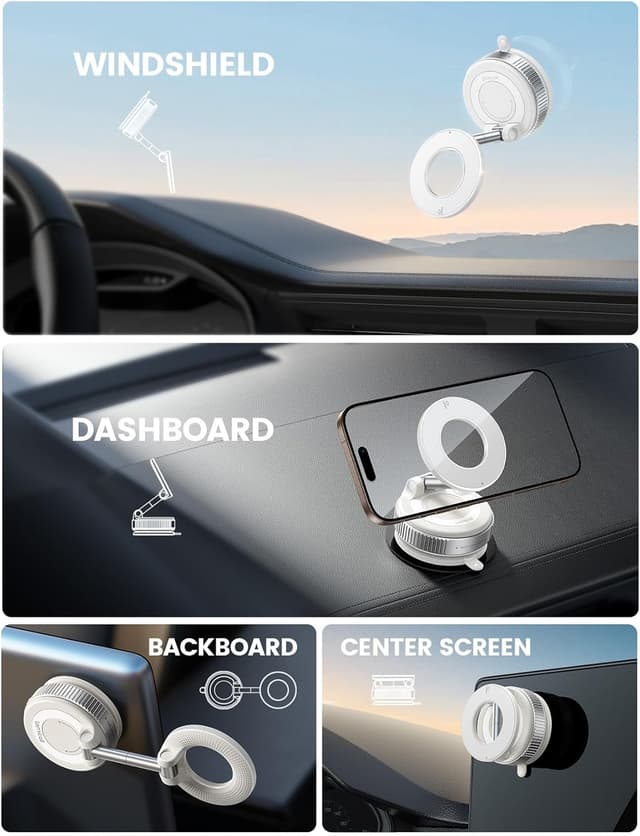 Detalle de Lamicall Vacuum Magnetic Car Phone Holder (2025) with MagSafe-style support and 360° rotation – White