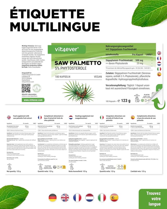 Detalle 2 de Extrait de Palmier Nain (Saw Palmetto) – 180 capsules de 500 mg, 5% phytostérols (25 mg) – Végane