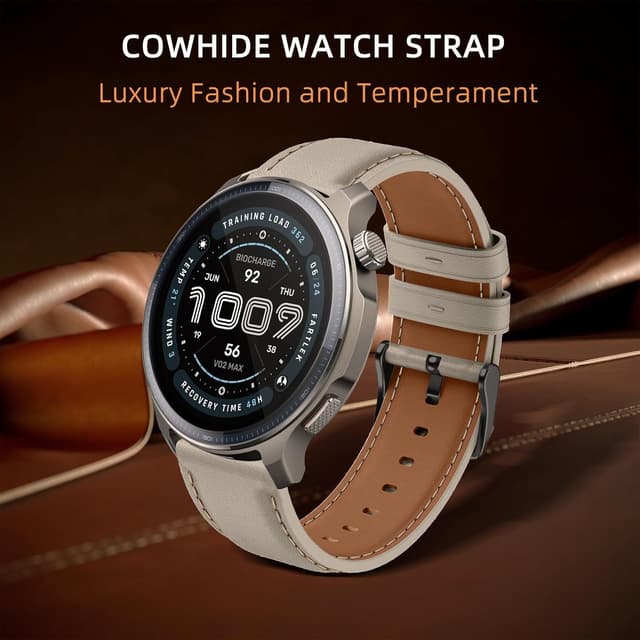 Detalle 2 de LanQii Lederarmband (22 mm) für Amazfit Active Max, T-Rex 3 Pro & mehr – Hellgrau