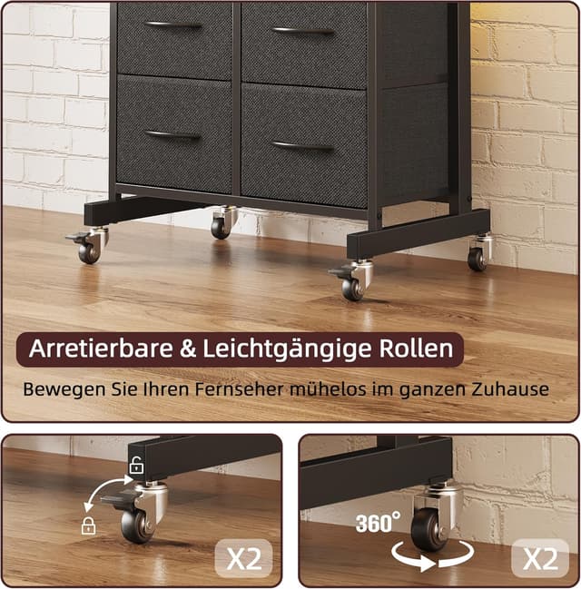 Detalle de OYRREU TV-Ständer mit LED, Rollen, 4 Schubladen und höhenverstellbarer Halterung (bis 75 Zoll, 65 kg) – Schwarz