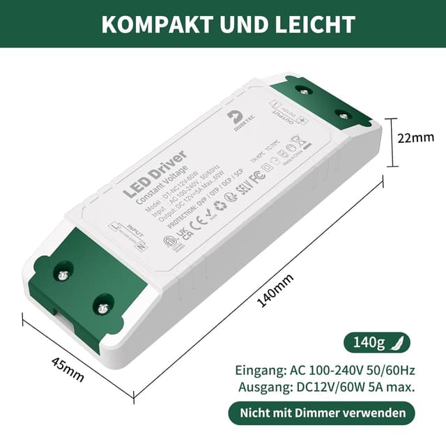 Detalle 2 de DUSKTEC LED Trafo 230V auf 12V 60W (5A) Konstantspannung für MR16 GU5.3, MR11, G4 – LED-Netzteil/Trafo