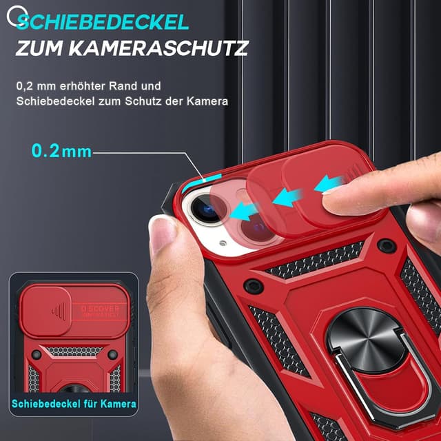 Detalle 2 de LeYi iPhone 14 6.1" case with sliding camera cover, 360° armour protection and ring stand (2-pack tempered glass)