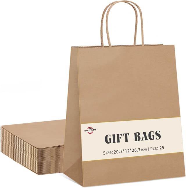 Detalle de Switory 100-teilige Kraftpapier-Tüten (20,3 x 12 x 26,7 cm) mit verdrehten Griffen – ideal zum Verpacken & Dekorieren