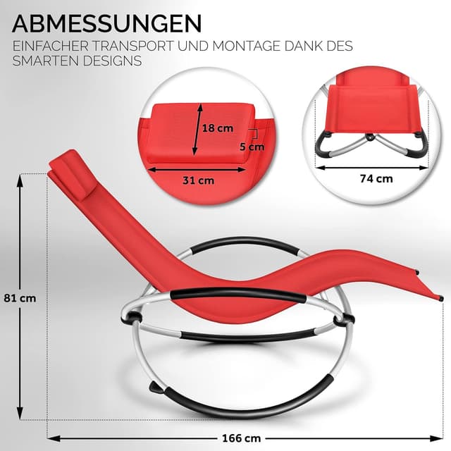 Detalle de tillvex Relaxliege Gartenliege (Liegestuhl wetterfest, Schwungliege) bis 180 kg, atmungsaktiv – Rot