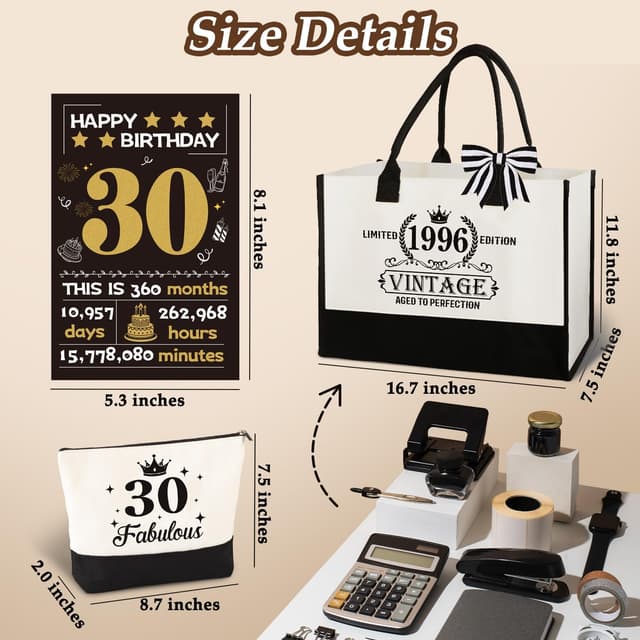 Thumbnail 6 de 30th Birthday Gifts for Women: Vintage 1996 Canvas Tote & Make-up Bag Set (with card)