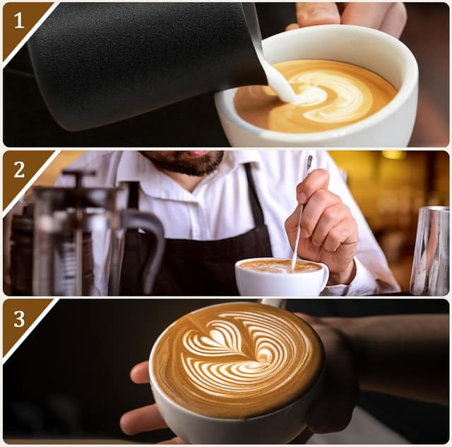 Detalle de Milk Frothing Pitcher 12oz / 350ml Stainless Steel Steaming Jug with Decorating Pen (Black) – Latte Art frother