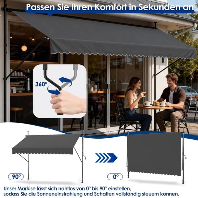 Detalle 2 de UISEBRT Klemmmarkise mit Kurbel – balkon- und terrassentauglicher Sonnenschutz ohne Bohren (3,50 x 1,20 m, Dunkelgrau)