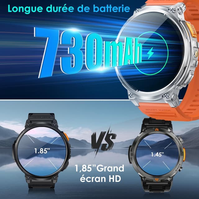 Detalle 2 de Montre connectée homme avec appels Bluetooth et écran HD 1,85" – étanche IP68, batterie 730 mAh