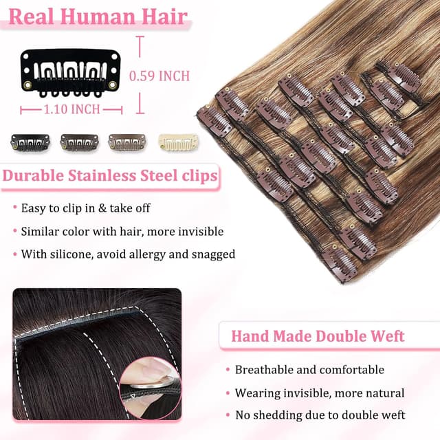 Detalle 1 de Clip-in Hair Extensions with Remy Human Hair (Seamless Balayage) – Chocolate Brown with Honey Blonde Highlights, 8 pcs, 24 inch, 120g