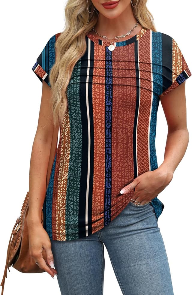 Detalle de WEESO Womens Summer Tops Trendy 2026 Cap Sleeve Pleated Front Crew Neck T-Shirts