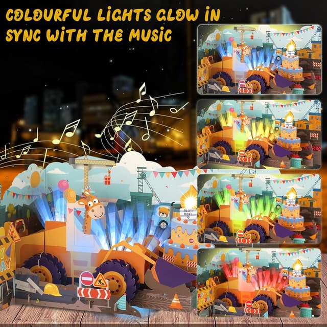 Detalle 2 de Musical Birthday Card for Kids: 3D Bulldozer Pop-up with Lights, Sounds & Blowable Candle
