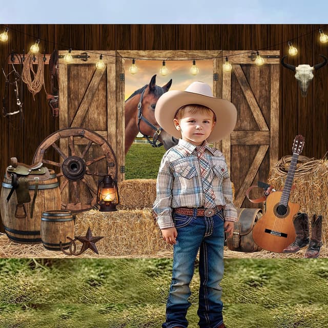 Detalle de 8x6ft Western Cowboy Backdrop (Rodeo Horse Theme) – Polyester photo prop for barn, birthday & party décor