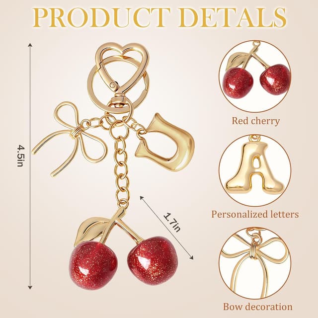 Detalle 2 de Snylcce Pink Cherry Bow A-Z Initial Keychain with Crystal Accent