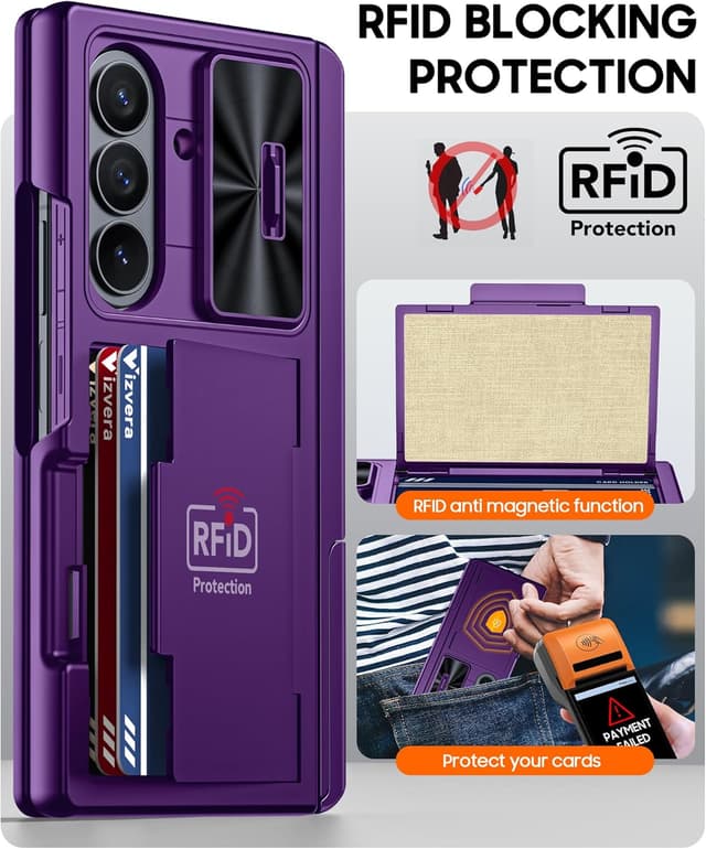 Detalle 2 de Vizvera for Samsung Galaxy Z Fold 7 Case with RFID Wallet, Stand & HD Tempered Glass (Purple)